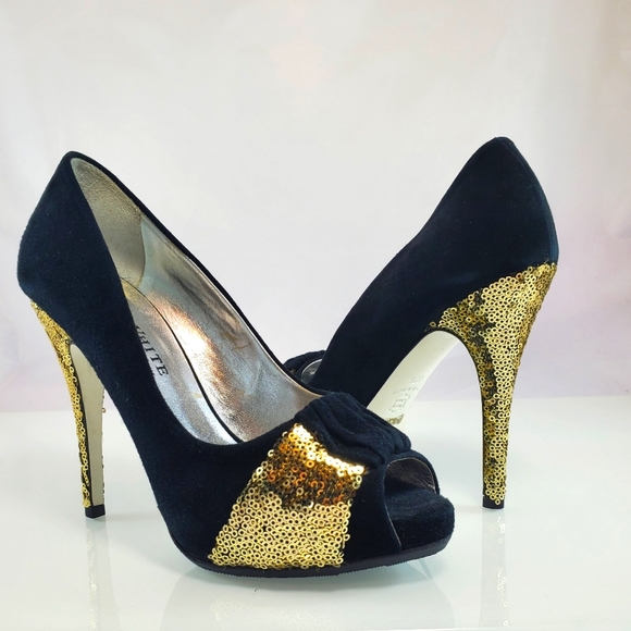 NWT$545 Ron White Black Gold Sequin Suede Leather Platform Pump Heel Sz 37.5 7.5